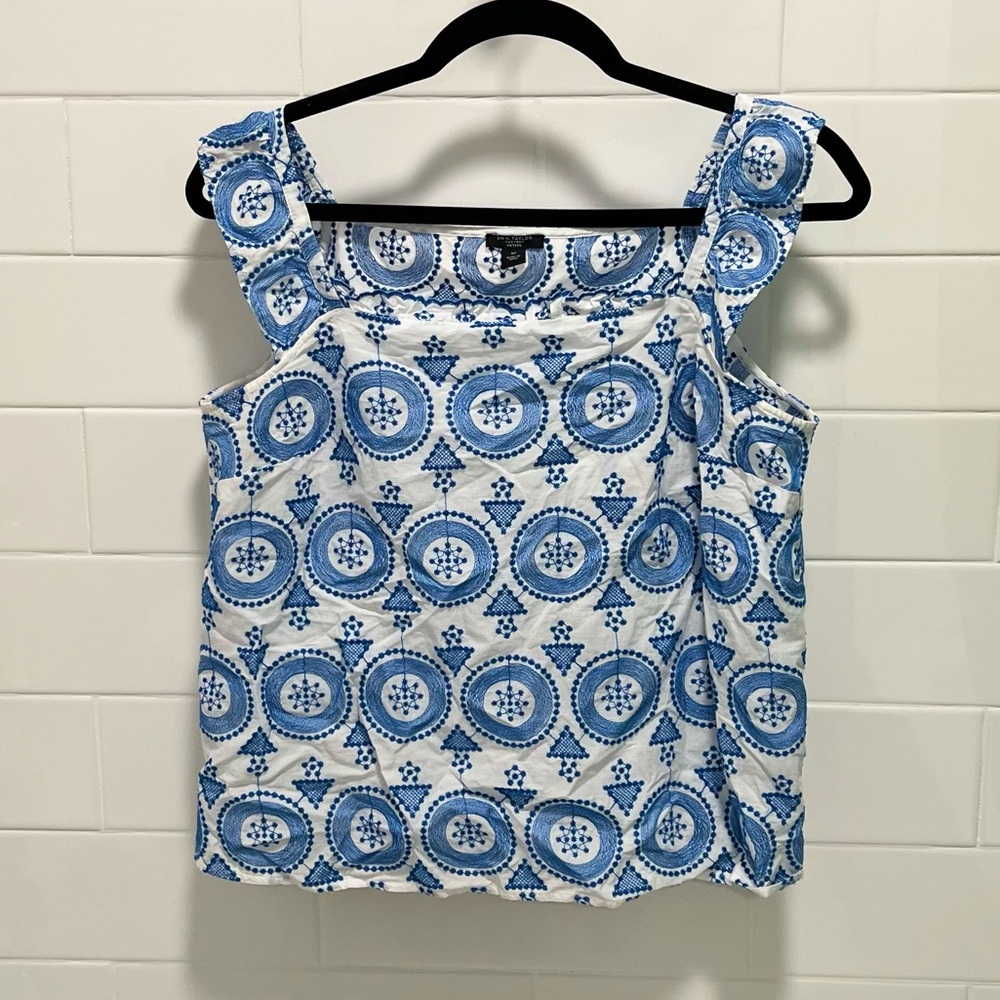Ann Taylor Factory Embroidered  Blue and White light weight Geometric Blouse
